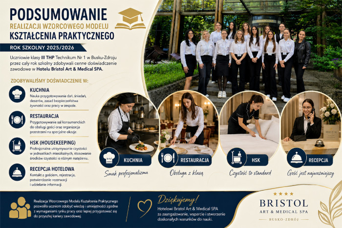 Grafika promująca podsumowanie realizacji Wzorcowego Modelu Kształcenia Praktycznego w technikum nr 1 w Busku-Zdroju